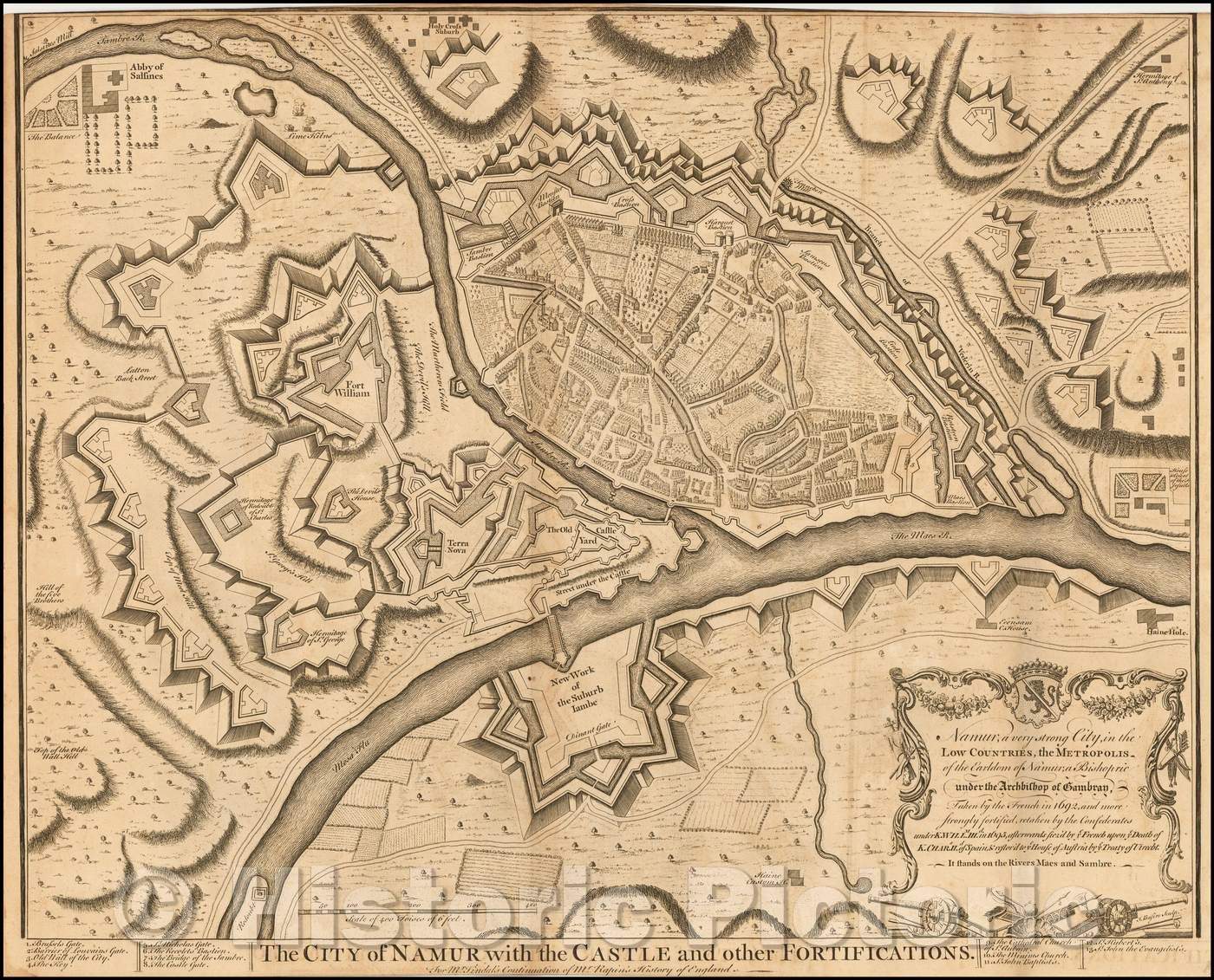 Historic Map - The City of Namur with the Castle and other Fortifications, 1740, Paul de Rapin de Thoyras - Vintage Wall Art