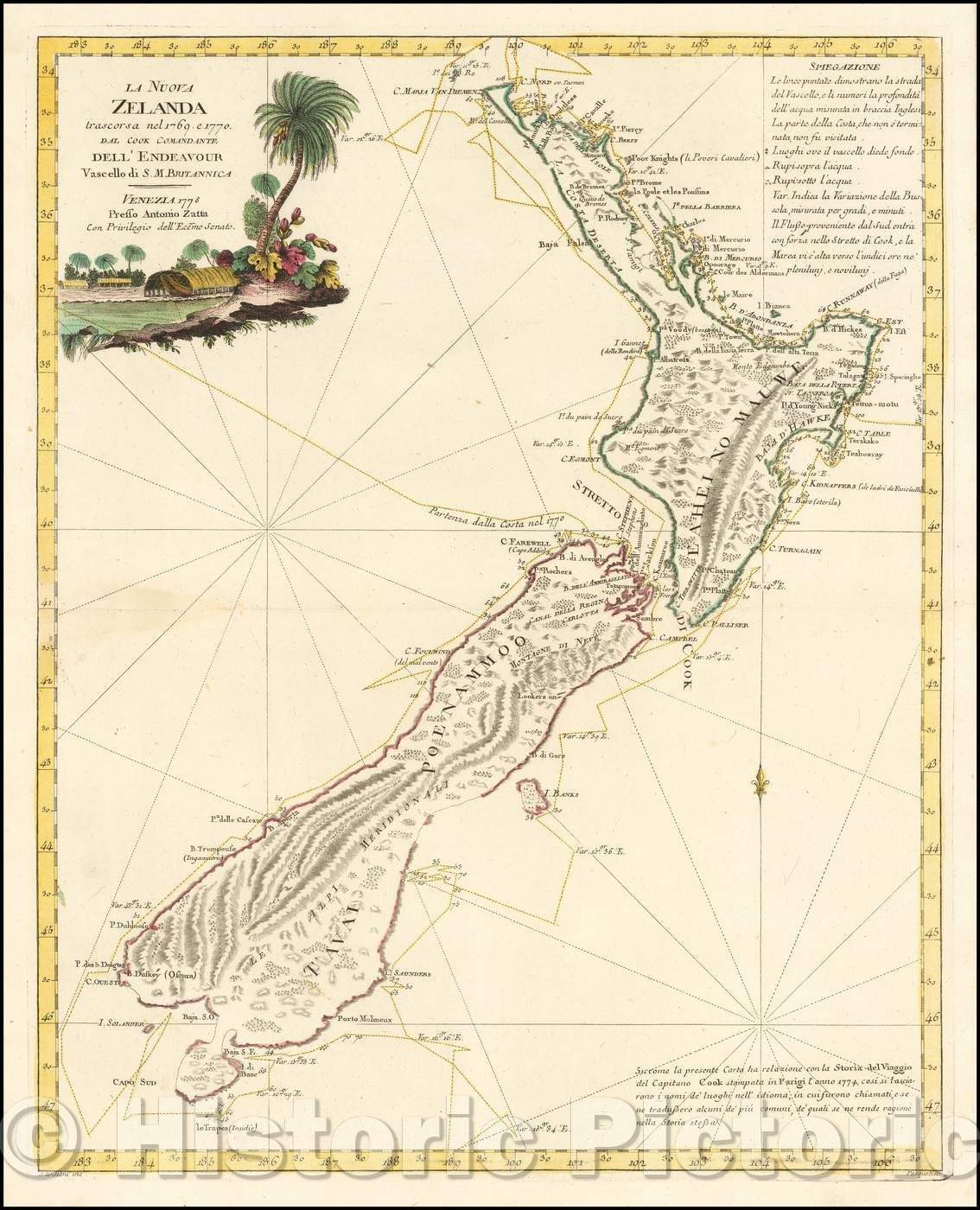 Historic Map - La Nuova Zelanda trascorsa nel 1769 e 1770 d'al Cook Comandante dell' Endeavour Vascello di S. M. Britannica, 1778, Antonio Zatta v3