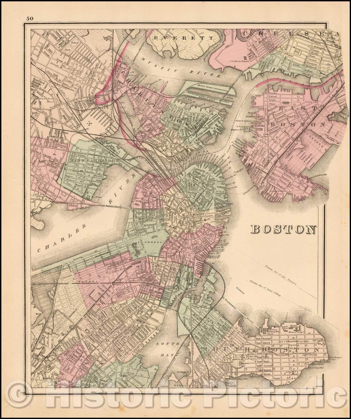 Historic Map - Boston, 1875, O.W. Gray - Vintage Wall Art
