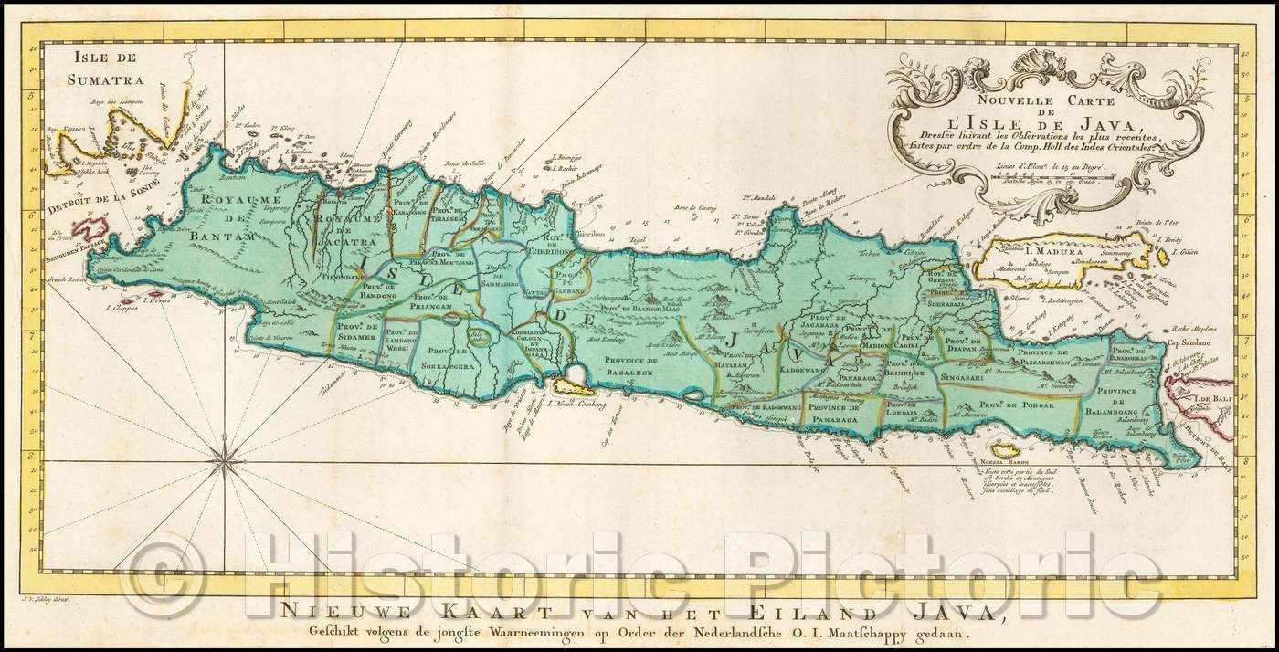 Historic Map - Nouvelle Carte De L'Isle De Java/Map of Java and Madura,with outline color showing the provinces on Java and a host of other details, 1770 - Vintage Wall Art