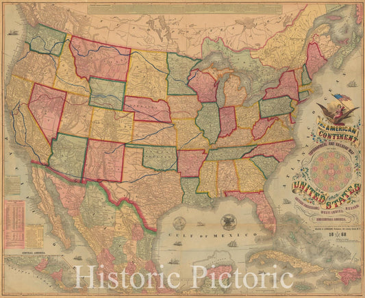 Historic Map - The American Continent Topographical and Railroad Map of the United States British Possessions, West Indies, Mexico and Central America, - Vintage Wall Art