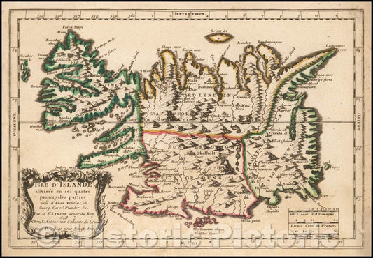 Historic Map - Isle D'Islande divisee en ses quatre principales tiree d'Andr. Velleius, de Georg. Carol. Flander &c/Map of Iceland, published by Sanson, 1698 - Vintage Wall Art