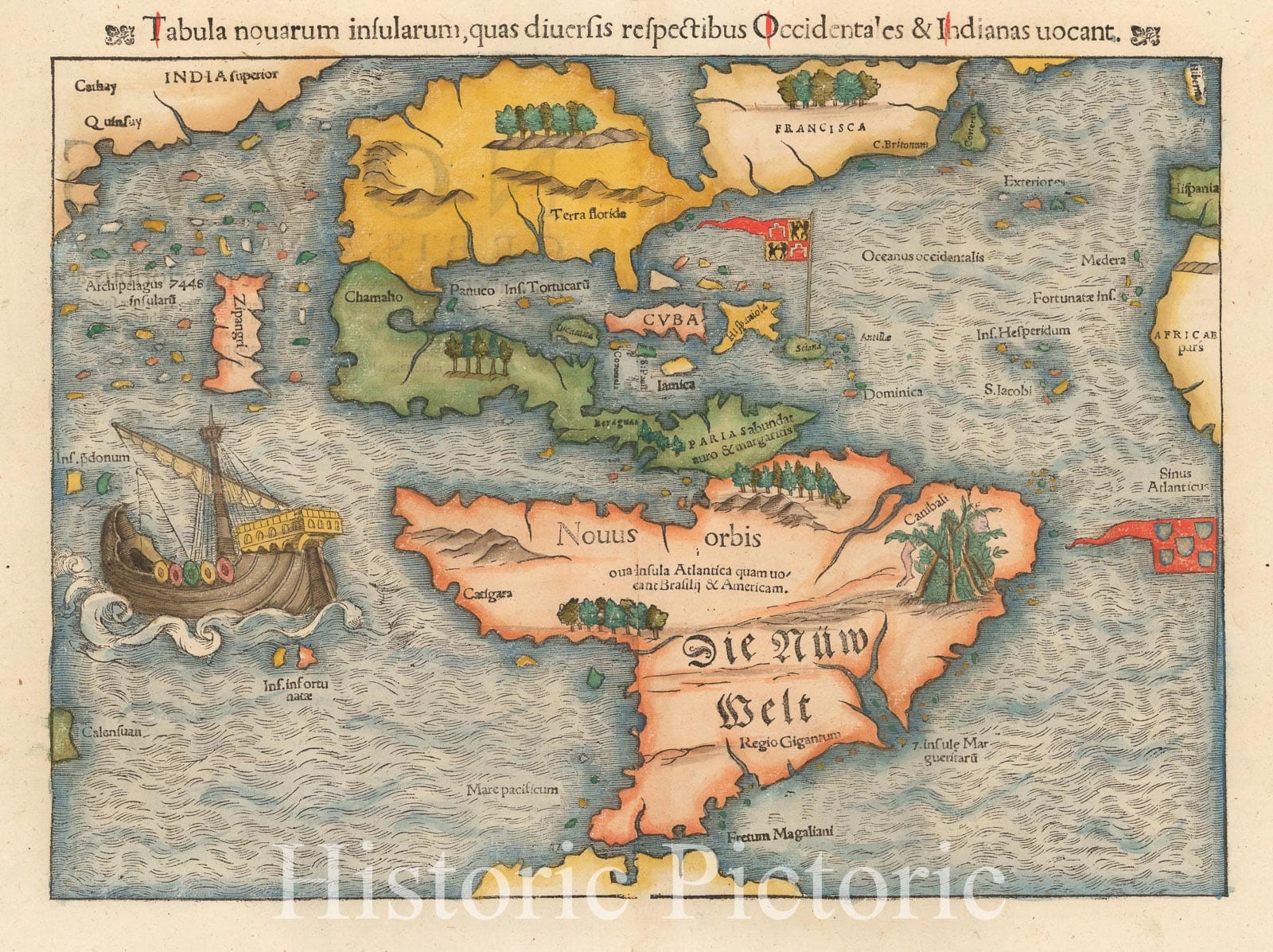 Historic Map - Tabula novarum insularum, quas Diversis respectibus Occidentales & Indianas uocant. 1st Map of the continent of America, 1554, Sebastian M?nster - Vintage Wall Art