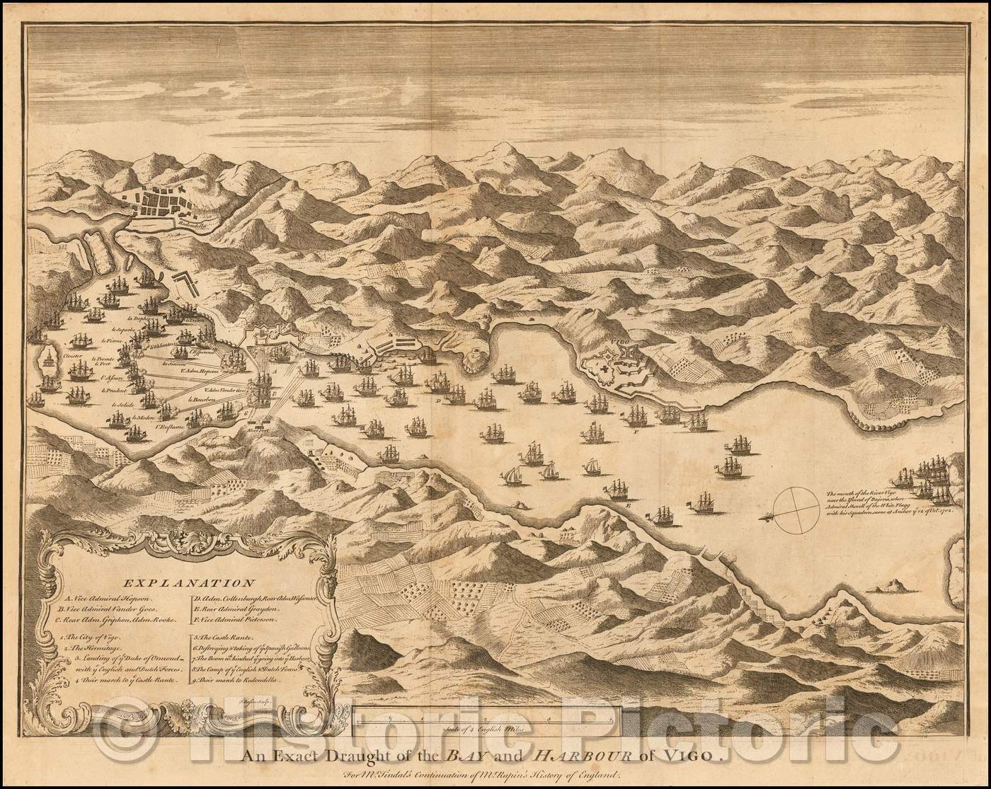 Historic Map - An Exact Draught of the Bay and Harbour of Vigo, 1740, Paul de Rapin de Thoyras v2