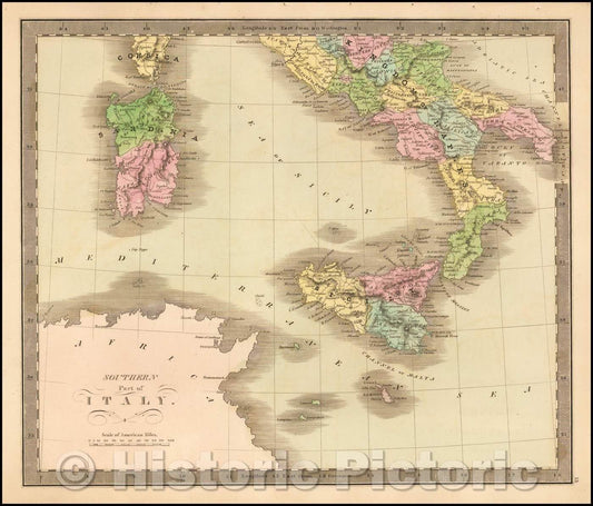 Historic Map - Southern Part of Italy (with Sicily, Sardinia, Malta and Part of Corsica), 1842, Jeremiah Greenleaf - Vintage Wall Art