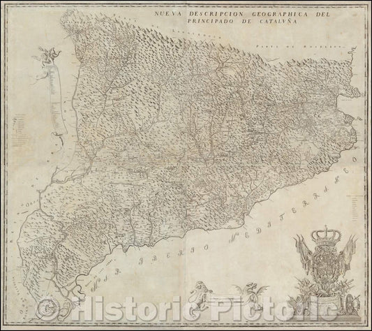 Historic Map - Nueva Descripcion Geographica Del Principado De Catalu?, 1720, Josep Aparici - Vintage Wall Art