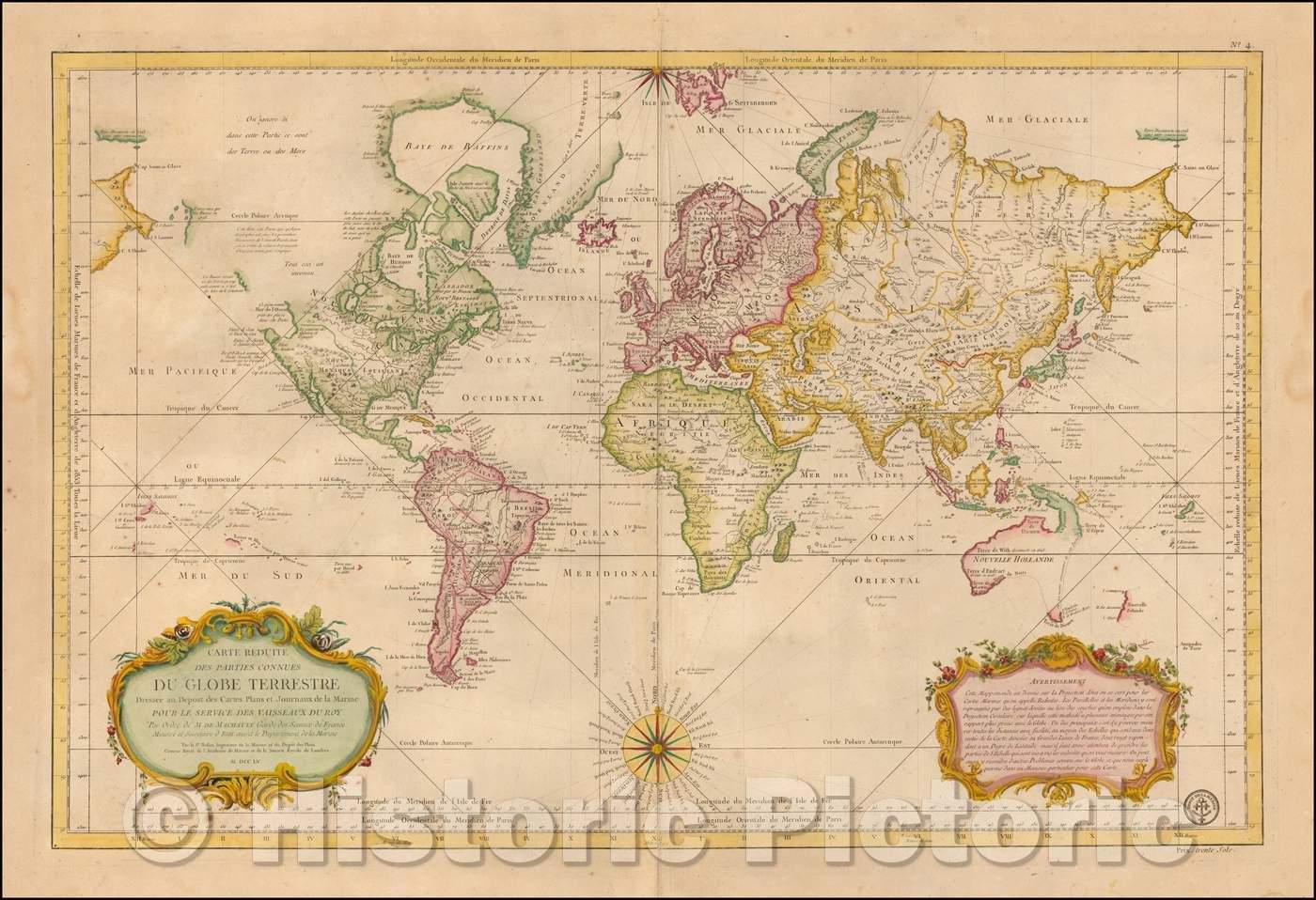 Historic Map - Carte Reduite Des Parties Connues Du Globe Terrestre Dressee au Depost des Cartes Plans et Journaux de la Marine, 1755, Jacques Nicolas Bellin v3