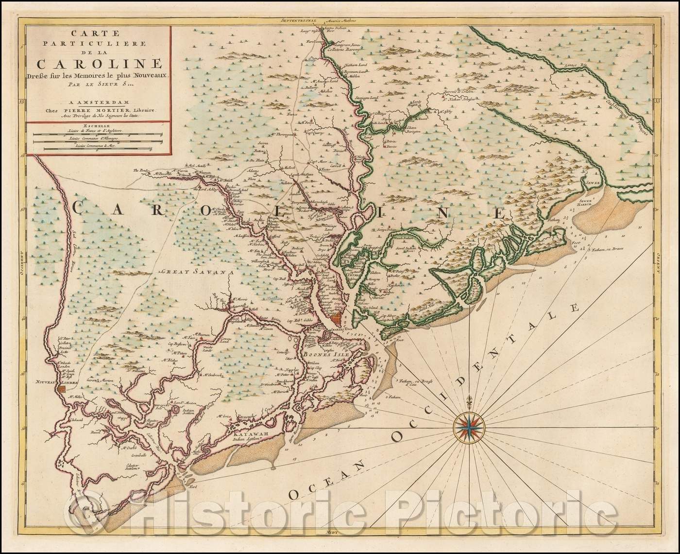 Historic Map - Charleston & Environs Carte Particuliere De La Caroline Dresse sur les Memoires le plus Nouveaux Par Le Sieur Sanson, 1696, Pieter Mortier v1
