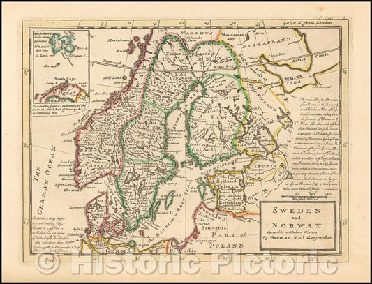 Historic Map - Sweden and Norway Agreeable to Modern History, 1729, Herman Moll - Vintage Wall Art