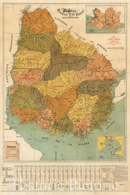 Historic Map - Mapa de la Republica O. Del Uruguay por Arturo Carbonell Debali/Map of Uruguay, published in Montevideo, 1917, Arturo Carbonell Debali - Vintage Wall Art