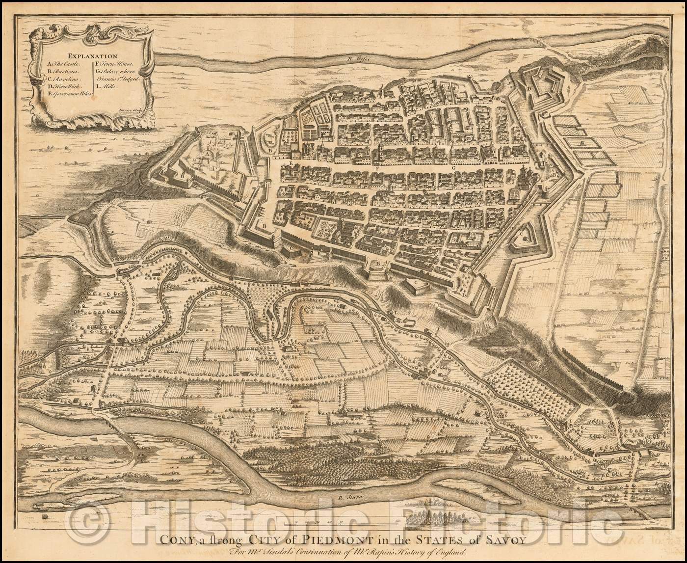 Historic Map - Cony, a strong City of Piedmont in the States of Savoy, 1740, Paul de Rapin de Thoyras - Vintage Wall Art