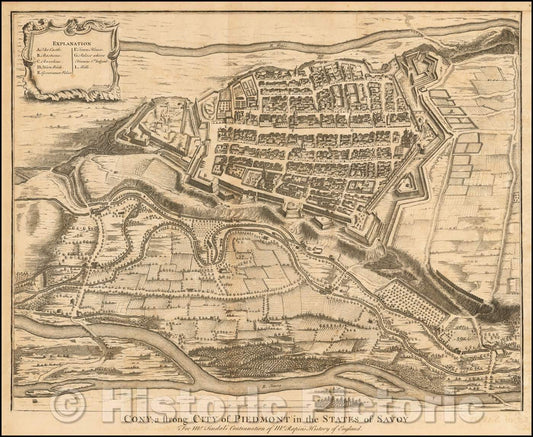Historic Map - Cony, a strong City of Piedmont in the States of Savoy, 1740, Paul de Rapin de Thoyras - Vintage Wall Art