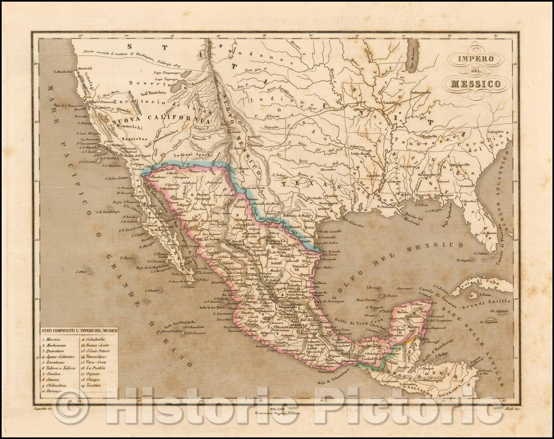 Historic Map - Impero Del M :: Mexico, Upper California, and Texas, the boundaries of the western US immediately after the Treaty of Guadalupe Hidalgo, 1847 - Vintage Wall Art