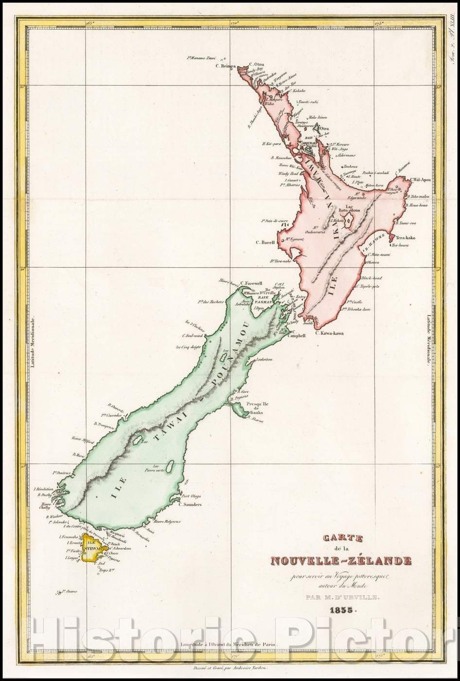 Historic Map - Carte de la Nouvelle-Zelande pour Servir au Voyage Pittoresque autour du Monde, 1835, Jules Sebastian Cesar Dumont-D'Urville - Vintage Wall Art