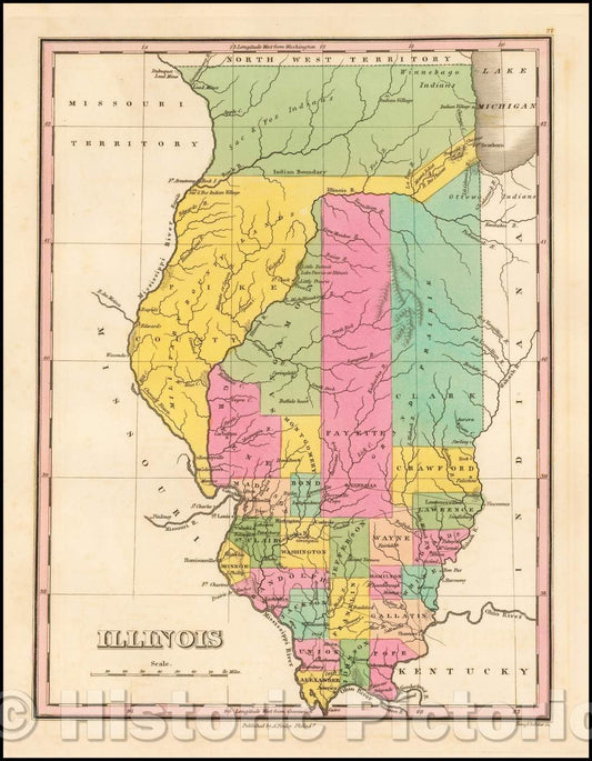 Historic Map - Illinois, 1826, Anthony Finley - Vintage Wall Art