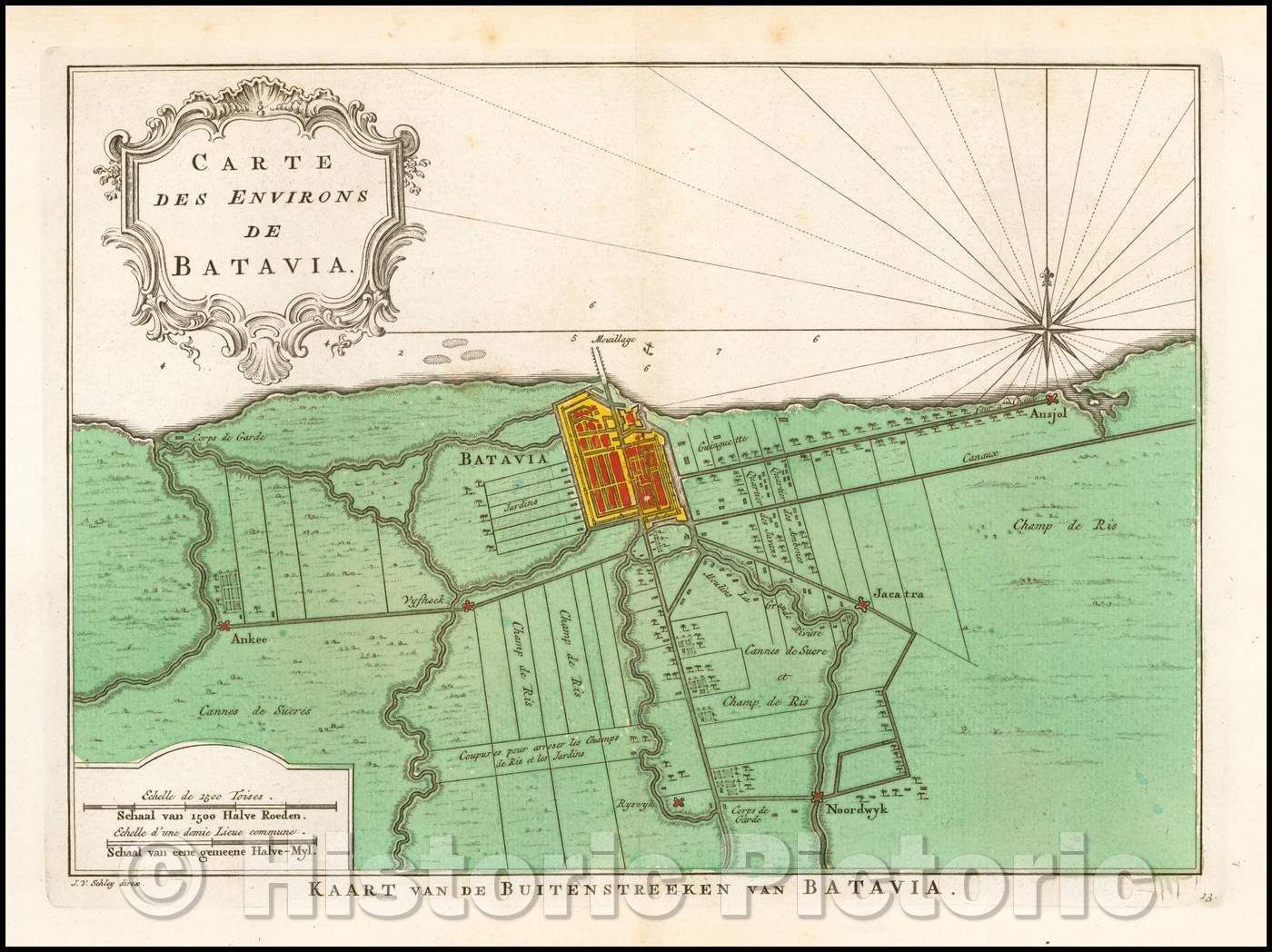 Historic Map - Carte des Environs Batavia/Plan of the area around Batavia, including a small area southeast of the town Plan, 1770, J.V. Schley - Vintage Wall Art