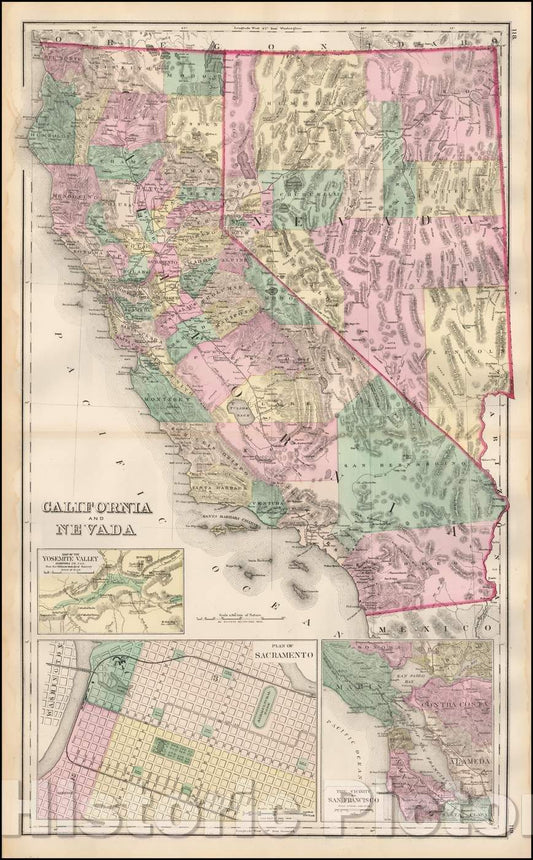 Historic Map - California and Nevada [Yosemite, Sacremento and SF Vicinity Insets], 1875, O.W. Gray & Son - Vintage Wall Art