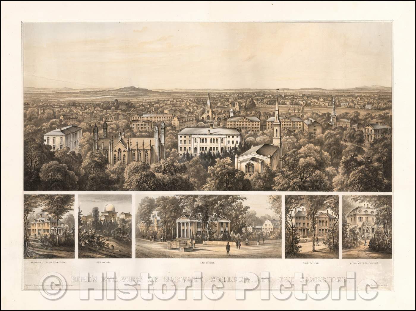 Historic Map - Bird's Eye View of Harvard College, And Old Cambridge, 1858, Julius Hermann Kummer v2