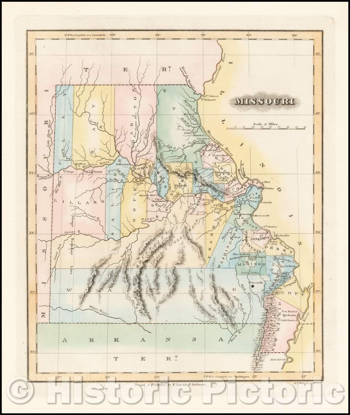 Historic Map - Missouri, 1823, Fielding Lucas Jr. - Vintage Wall Art