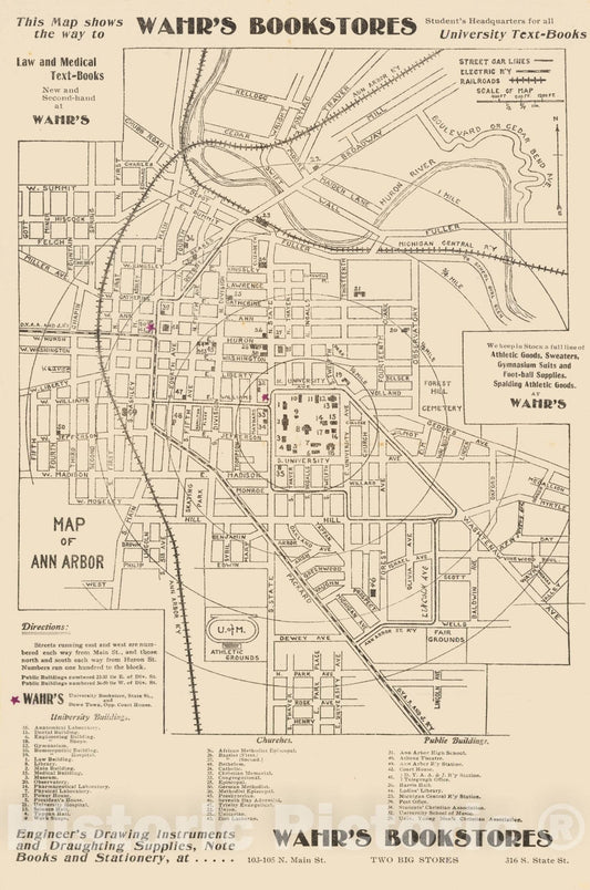 Historic Map - Map of Ann Arbor, 1930, Wahr's Bookstore - Vintage Wall Art