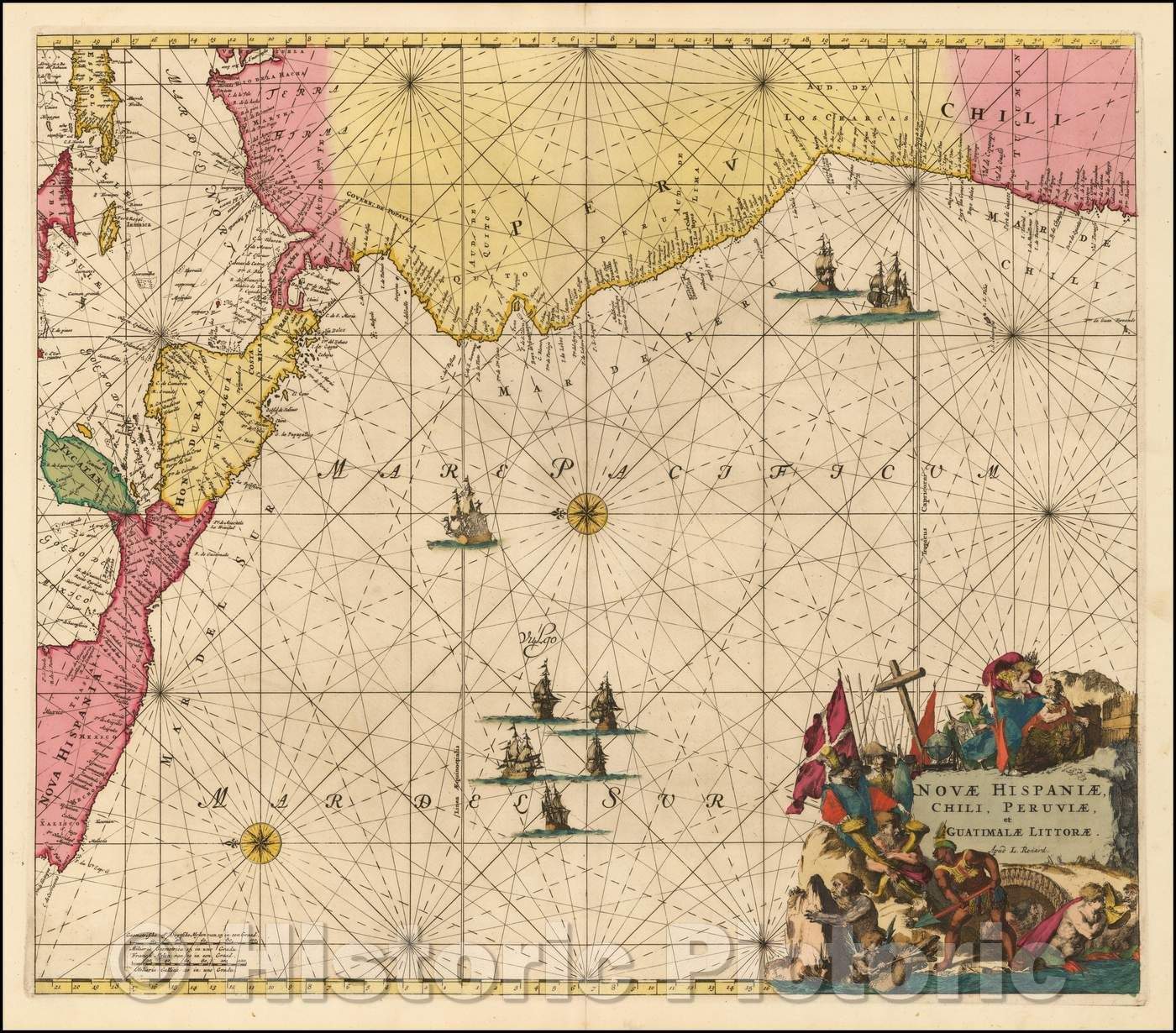 Historic Map - Novae Hispaniae, Chili, Peruviae, et Guatimalae Littorae Apud F. de Wit, 1715, Louis Renard - Vintage Wall Art