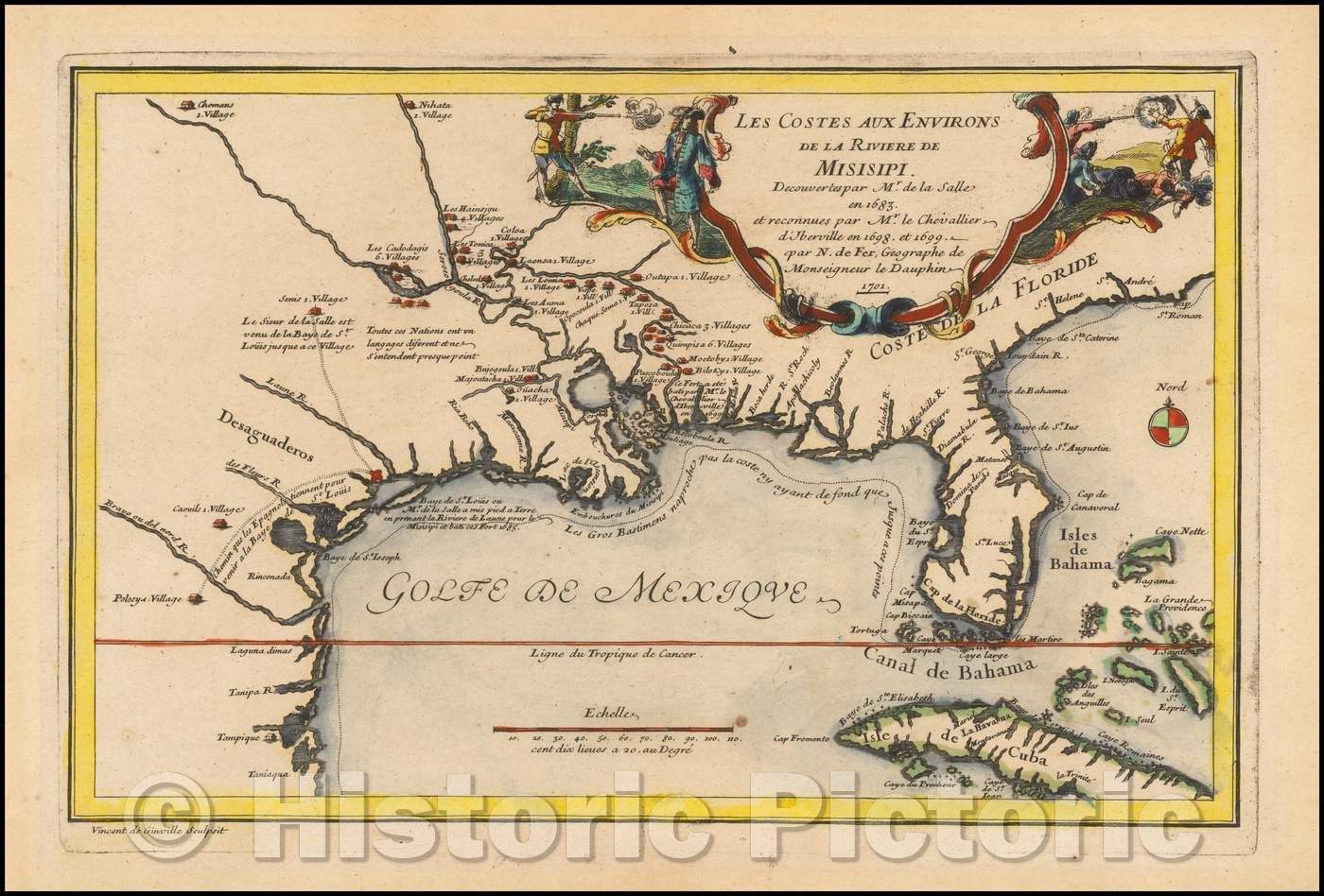 Historic Map - Les Costes Aux Environs De La Riviere De Misisipi Decouvertes par Mr. De l :: Les Costes Aux Environs De La Riviere In Mississippi Discoveries, 1701 - Vintage Wall Art