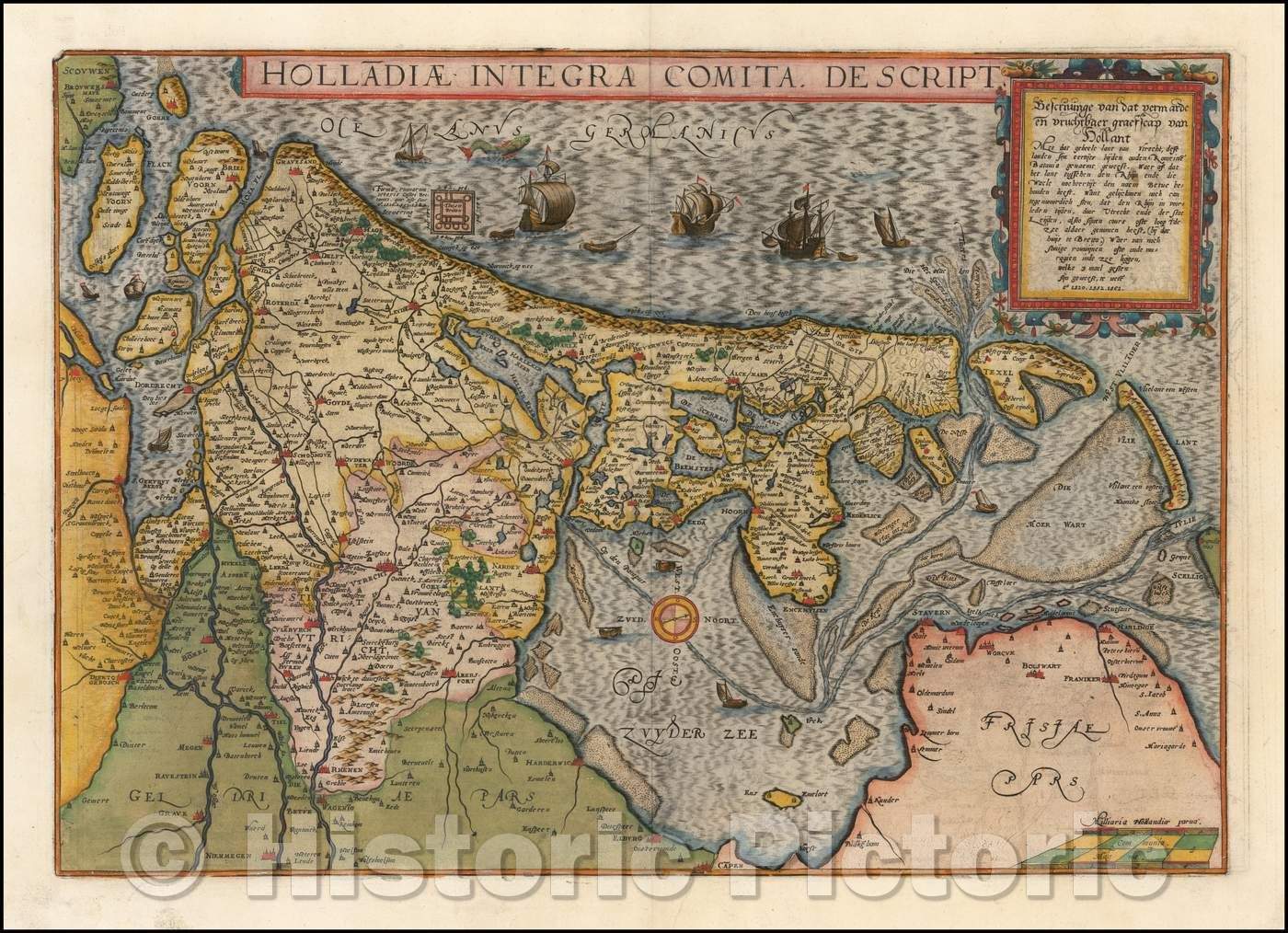 Historic Map - Holladiae Integra Comita. Descript/Map of Holland, published by Cornelis De Jode in his <em>Speculum Orbis Terrarum, 1593, Cornelis de Jode - Vintage Wall Art