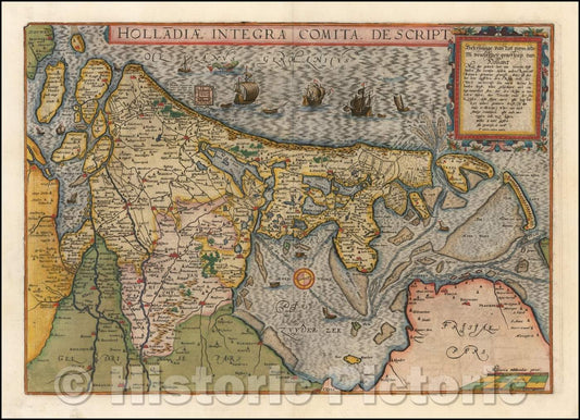 Historic Map - Holladiae Integra Comita. Descript/Map of Holland, published by Cornelis De Jode in his <em>Speculum Orbis Terrarum, 1593, Cornelis de Jode - Vintage Wall Art