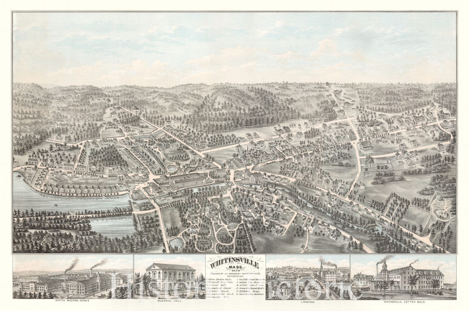 Historic Map - Whitinsville Mass, 1879, J. C. Woodbury - Vintage Wall Art