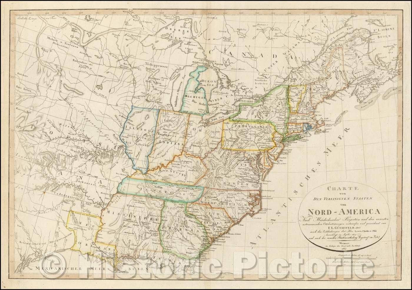 Historic Map - Charte von Den Vereinigten Staaten von Nord-America nebst Louisiana, 1817, Franz Ludwig Gussefeld - Vintage Wall Art