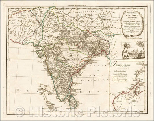 Historic Map - Presqu'Isle Des Indes Orientales, Comprenant L'Indostan ou Empire du Mogol, Differens Royaumes out Etats :: Colonial Map of India, 1786 v1