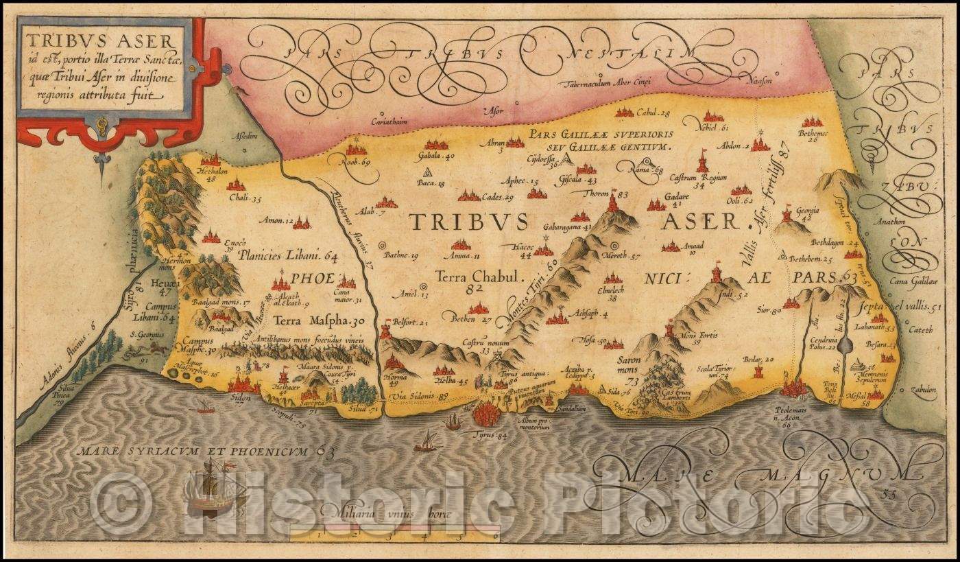 Historic Map - Tribe of Asher Tribus Aser id est, portio illa Terrae Sanctae, 1590, Christian van Adrichom - Vintage Wall Art