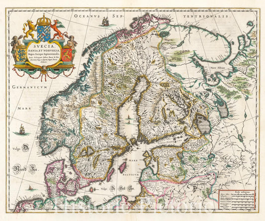 Historic Map - Suecia Dania et Norvegia Regna Europae Septentrionalis/Blaeu's Map of Scandinavia, 1635, Willem Janszoon Blaeu - Vintage Wall Art