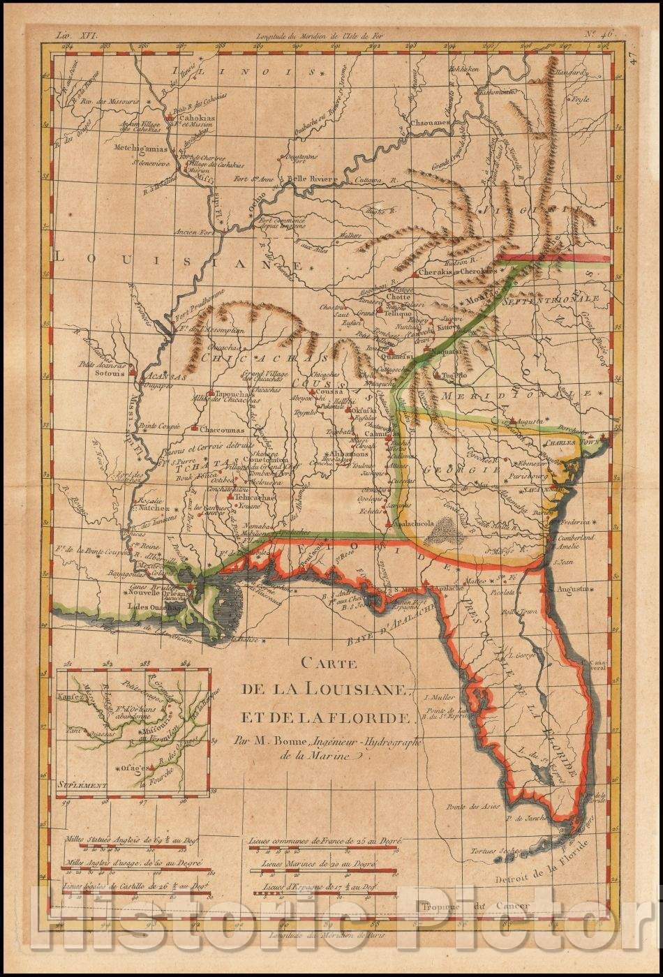 Historic Map - Carte De La Louisiane et de La Floride :: Regional Map, Mississippi Valley, north to Illinois, east to West Virgina and South, 1787, Rigobert Bonne - Vintage Wall Art
