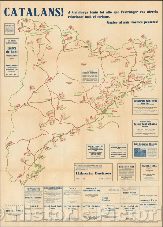 Historic Map - Catalans! A Catalunya tenui tot allo que l'estranger vos ofereix relacionat amb el turisme. Gasteu al pais vostres pessetes! (:: Catalunya, 1935 - Vintage Wall Art