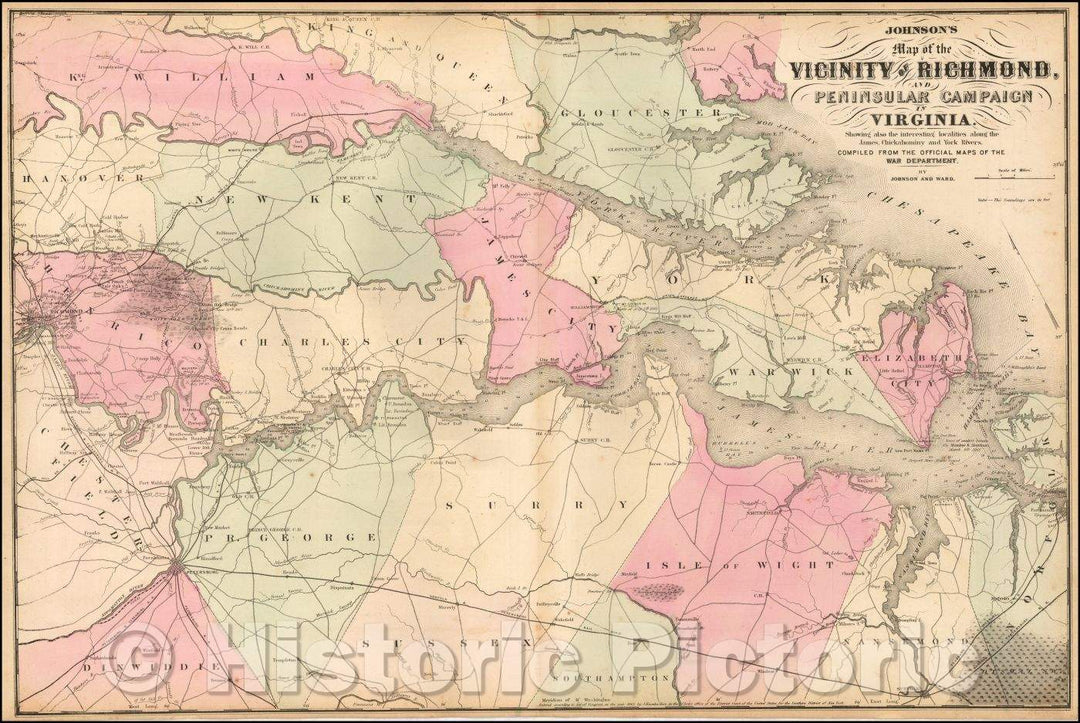 Historic Map - Johnson's Map of the Vicinity of Richmond, Peninsular Campaign in Virginia, 1866, Benjamin Ward - Vintage Wall Art