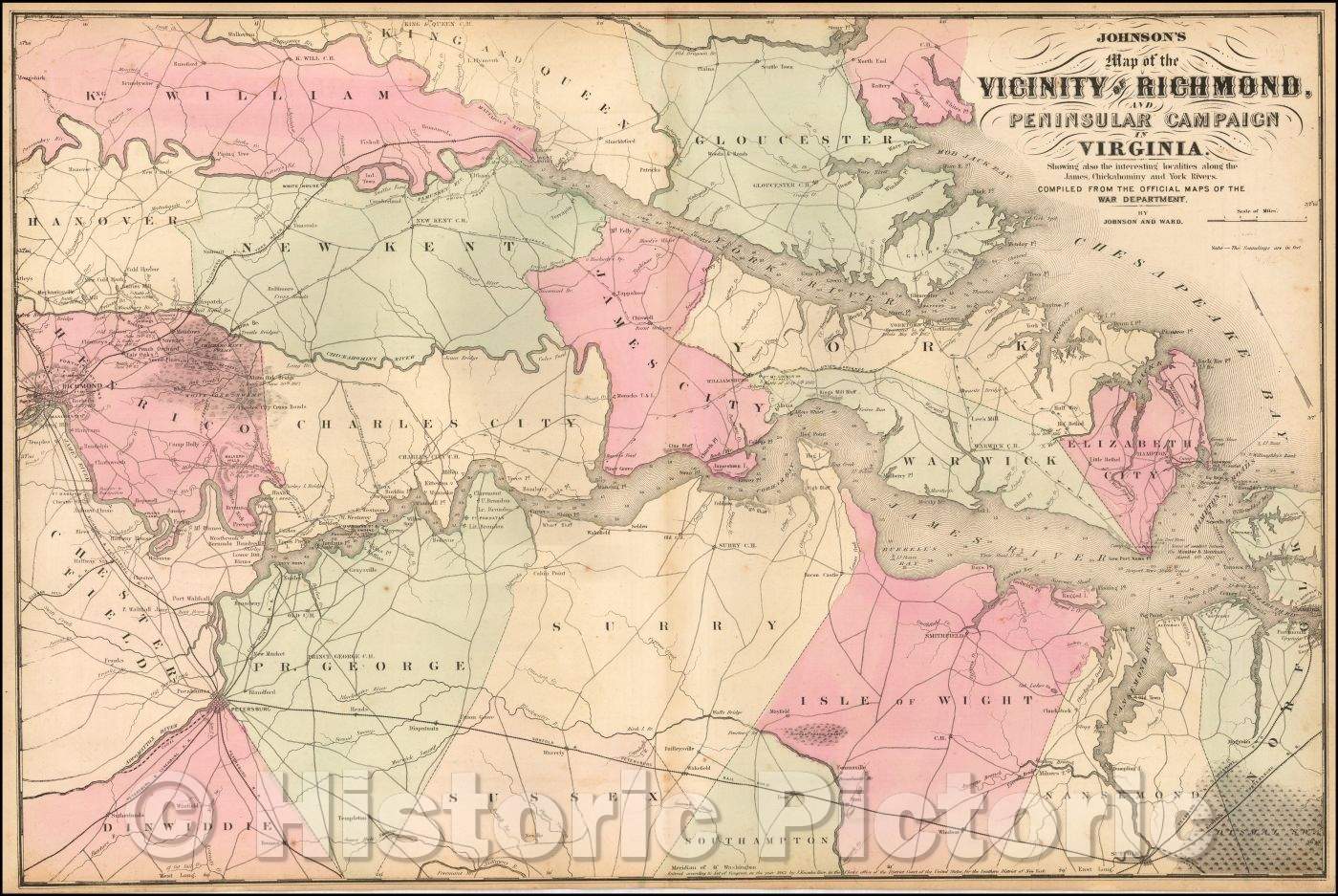 Historic Map - Johnson's Map of the Vicinity of Richmond, Peninsular Campaign in Virginia, 1866, Benjamin Ward - Vintage Wall Art