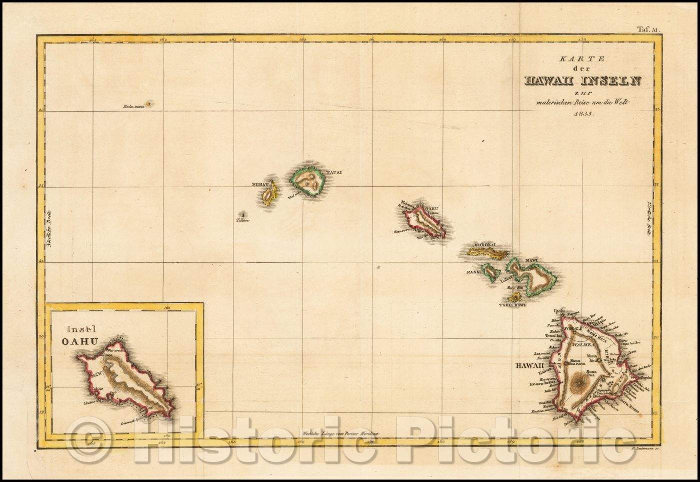 Historic Map - Karte der Hawaii Inseln/German edition of this Map of Hawaii from D'Urville's Voyage pittoreque autour du Monde, 1835 - Vintage Wall Art