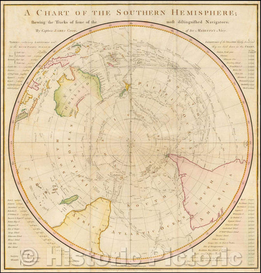 Historic Map - A Chart of the Southern Hemisphere; shewing the Tracks of some of the most distinguished Navigators, 1777, James Cook - Vintage Wall Art