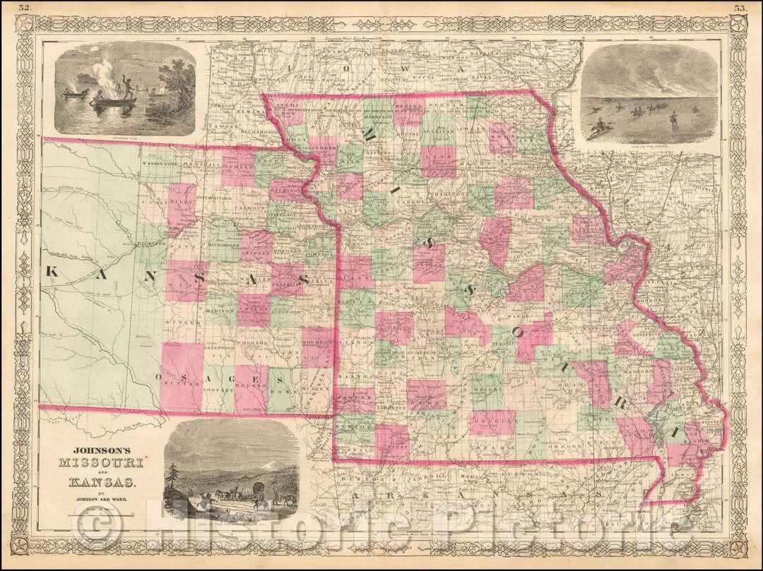 Historic Map - Johnson's Missouri and Kansas, 1863, Benjamin Ward v3
