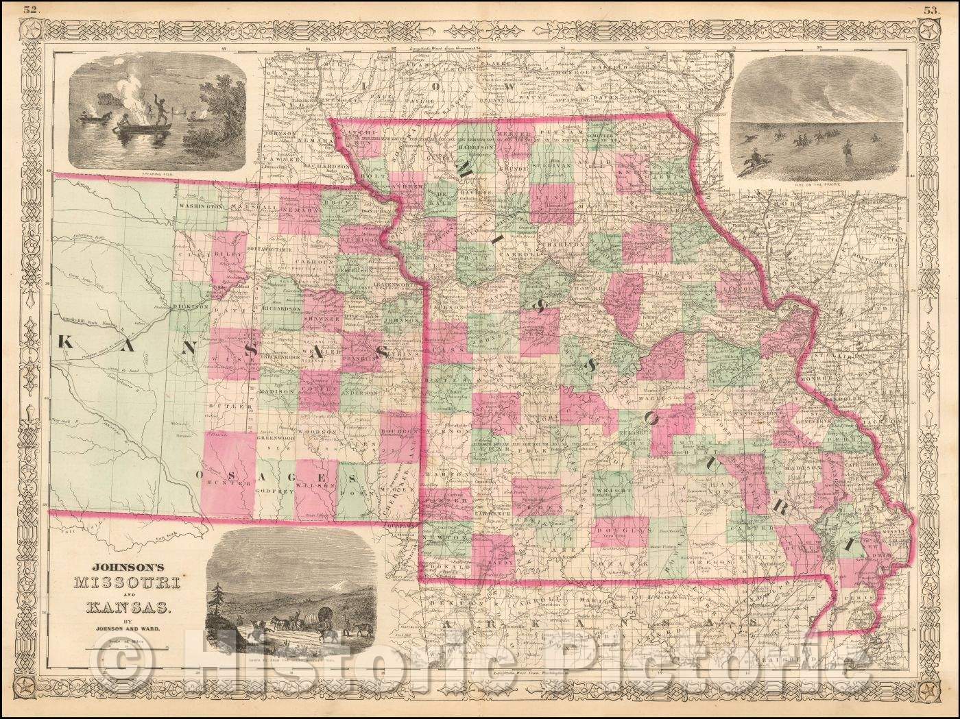 Historic Map - Johnson's Missouri and Kansas, 1863, Benjamin Ward v3
