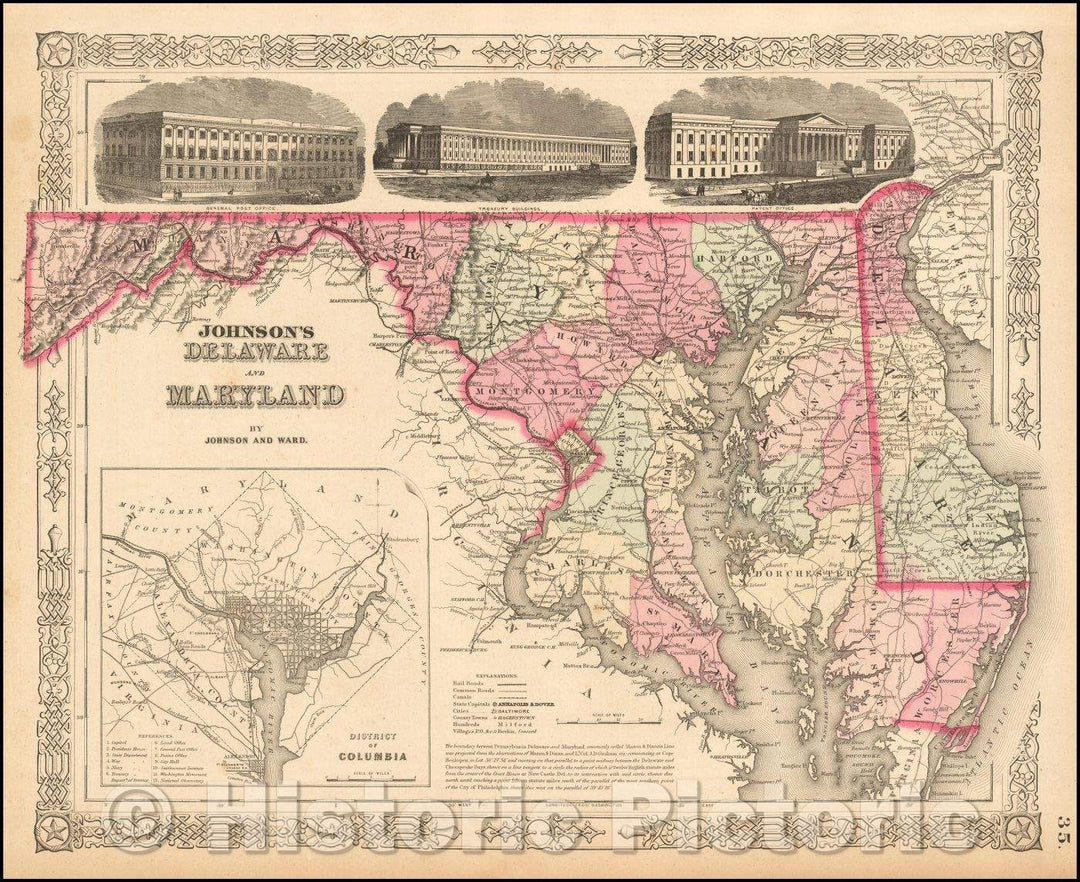 Historic Map - Johnson's Delaware and Maryland [Inset map of Washington DC], 1863, Alvin Jewett Johnson - Vintage Wall Art