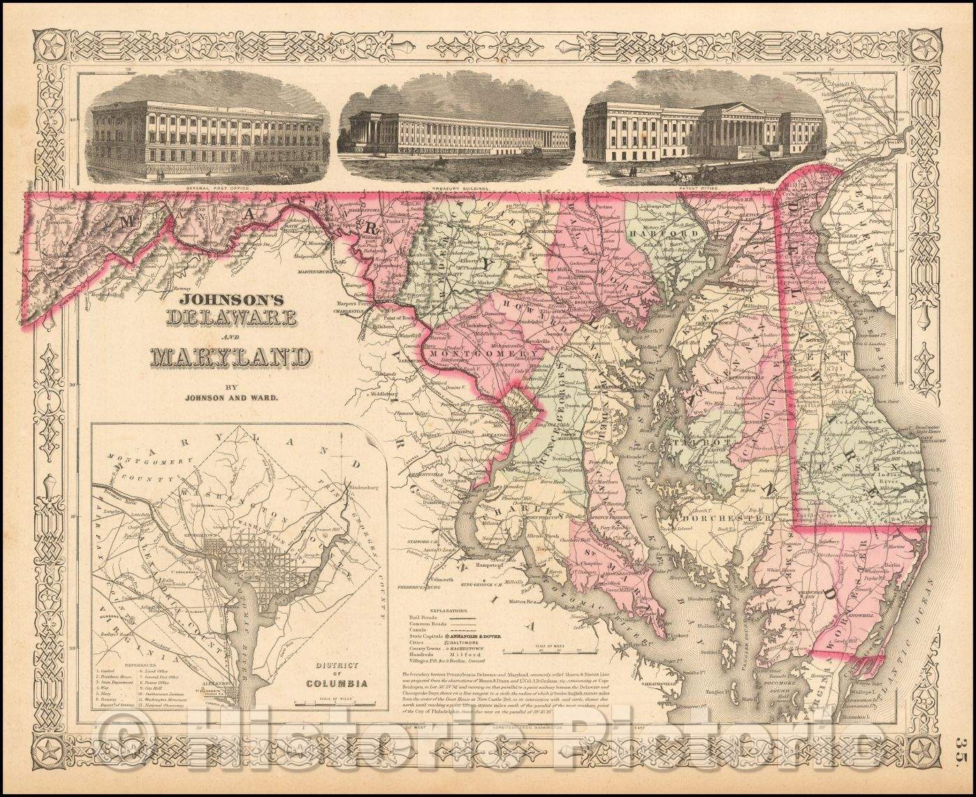 Historic Map - Johnson's Delaware and Maryland [Inset map of Washington DC], 1863, Alvin Jewett Johnson - Vintage Wall Art