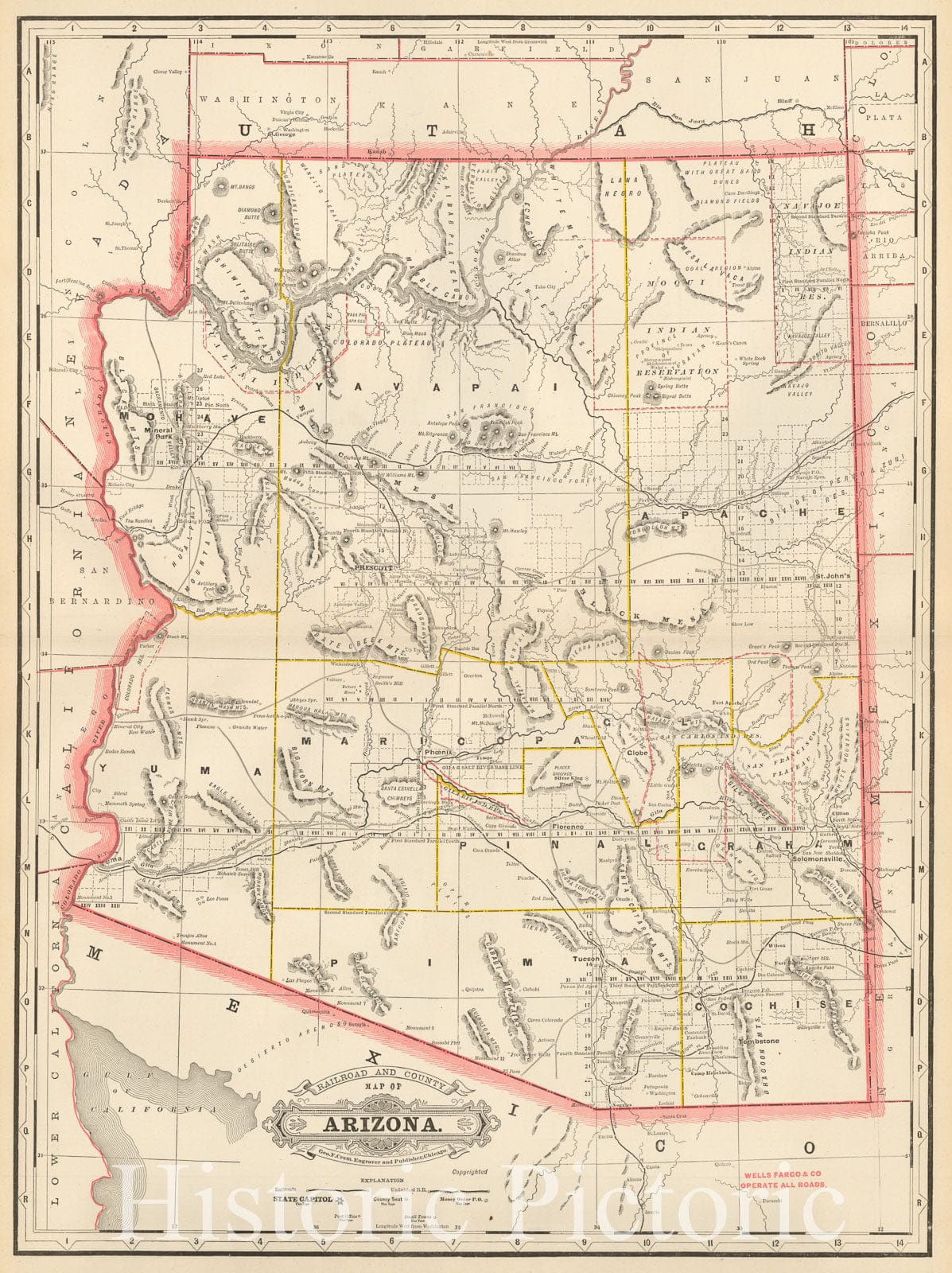Arizona Territory - Railroad and County Map, 1882