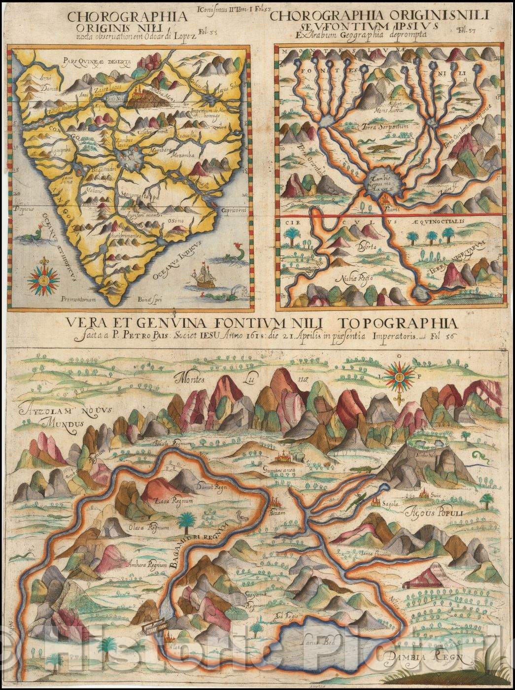 Historic Map - (Sources of the Nile River) Chorographia Originis Nili iuxta observationem / 3 Maps on a single sheet, source of the Nile River, 1678 - Vintage Wall Art