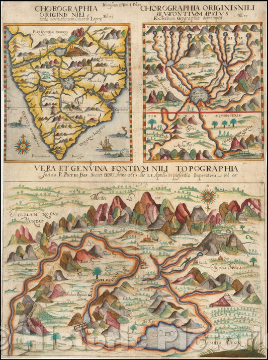 Historic Map - (Sources of the Nile River) Chorographia Originis Nili iuxta observationem / 3 Maps on a single sheet, source of the Nile River, 1678 - Vintage Wall Art