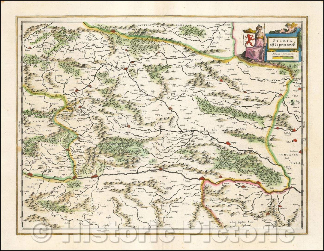 Historic Map - Stiria Steyr :: Stiria, published by Willem Blaeu,Region north of the Drava River. Gratz, Voitsberg, Bruck an der Mur, Kapfenberg, Leoben, 1635 - Vintage Wall Art