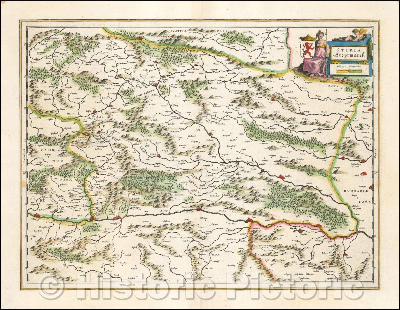Historic Map - Stiria Steyr :: Stiria, published by Willem Blaeu,Region north of the Drava River. Gratz, Voitsberg, Bruck an der Mur, Kapfenberg, Leoben, 1635 - Vintage Wall Art
