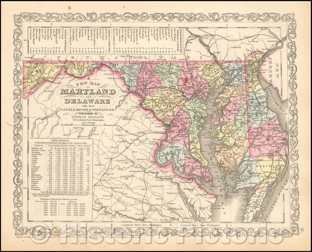 Historic Map - Maryland and Delaware with their Canals, Roads, Distances, 1856, Charles Desilver v2