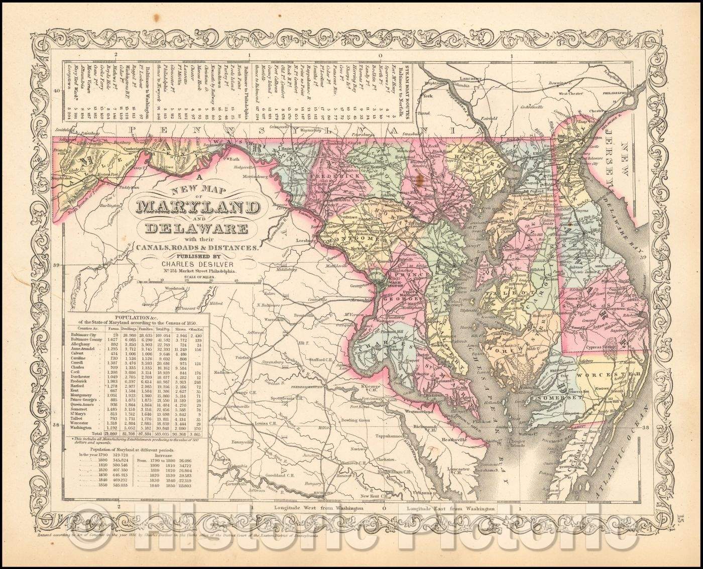 Historic Map - Maryland and Delaware with their Canals, Roads, Distances, 1856, Charles Desilver v2